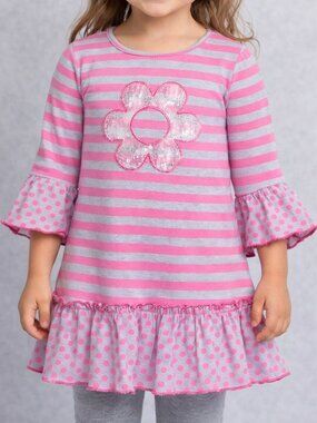NWT Carter’s Girls Tunic Dress Pink Gray Stripes with Glitter Flower Size 4T